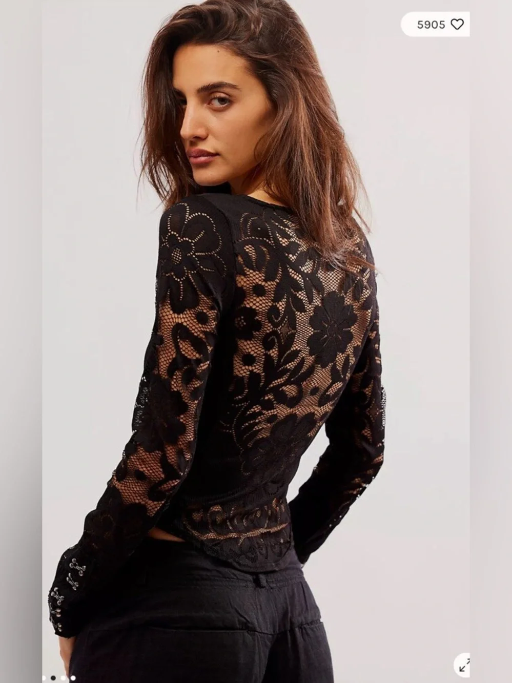 Free People Wild Roses Black Lace Sheer Long Sleeve Top Small